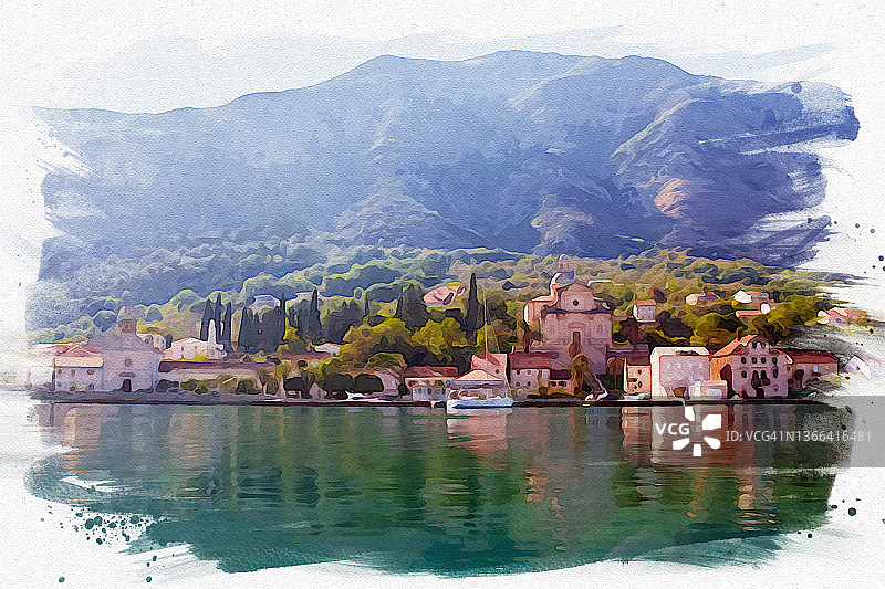 科托尔黑山水彩风景画图片素材