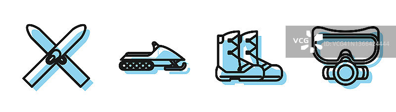 滑雪靴、滑雪杖、雪地摩托和潜水面罩图标矢量素材图片素材