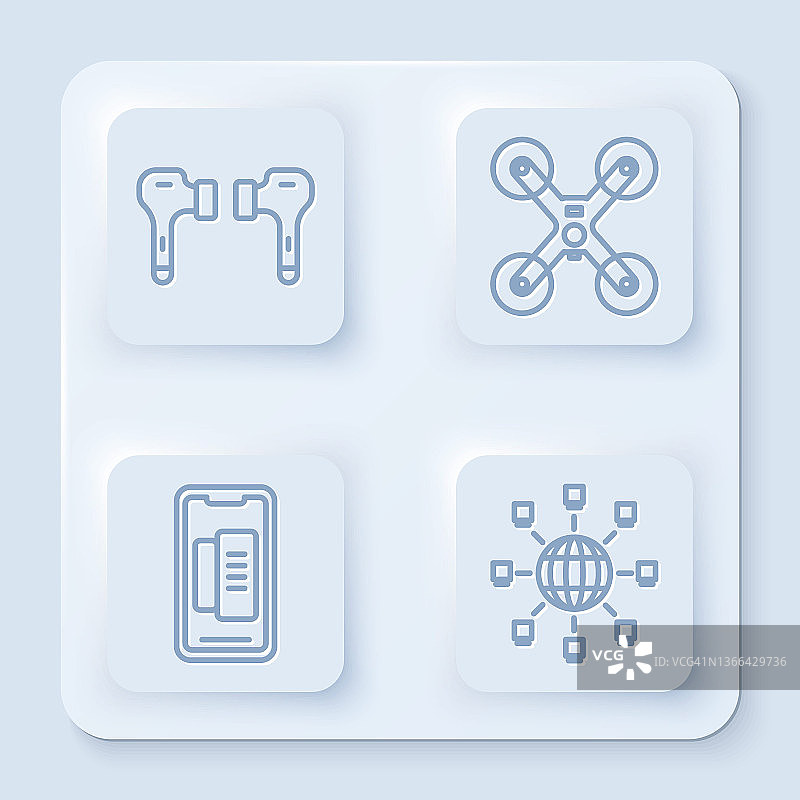 无线耳机、无人机、智能手机和社交网络图标矢量素材（白色方块按钮）图片素材