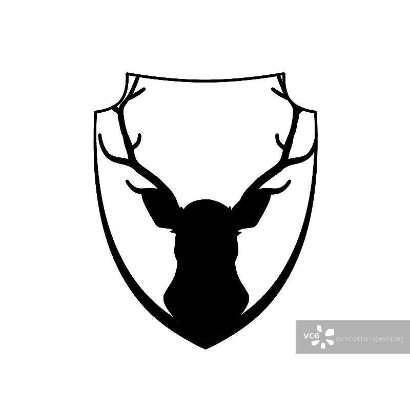 盾牌上的鹿头，带雄鹿的骑士盾徽，带角动物的黑色轮廓，纹章符号图片素材