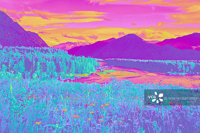 抽象人工红外自然景观背景。彩色霓虹灯紫罗兰色自然紫色山脉、河流和蓝色夏季草地，未来主义抽象背景图片素材
