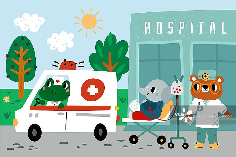 救护车上的病人、医疗车上的大象、装入汽车的动物、穿制服的熊医生、卡通动物角色、医院治疗、医疗保健矢量概念图片素材