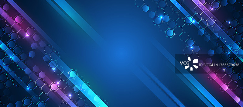 蓝色背景上的抽象六边形科学科技数字技术和工程概念宽科幻多边形模板图片素材