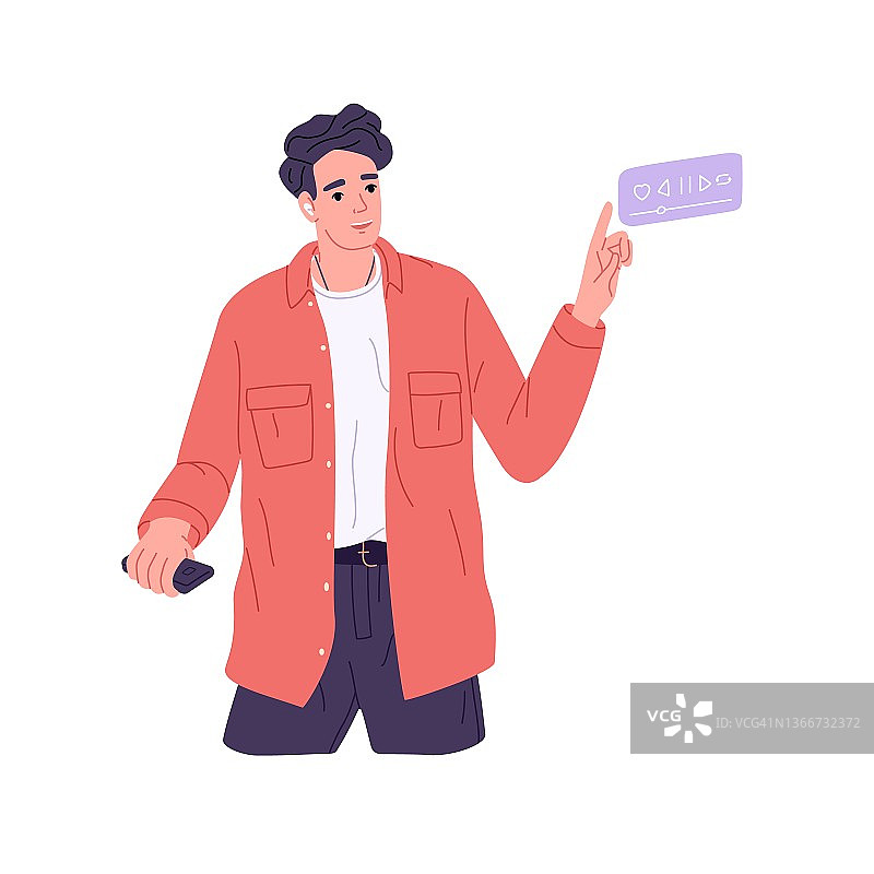 使用无线耳机和手机App听音乐的男人（扁平矢量插画）图片素材