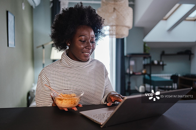 在家工作时吃早餐的年轻非裔美国女性图片素材