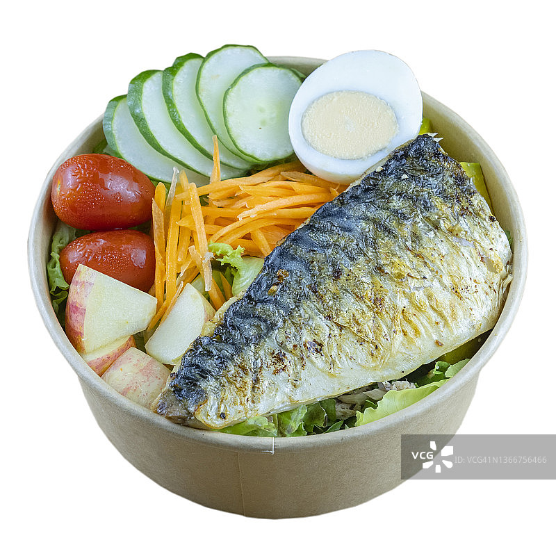 纸包烤鲭鱼蔬菜沙拉（外卖概念）图片素材