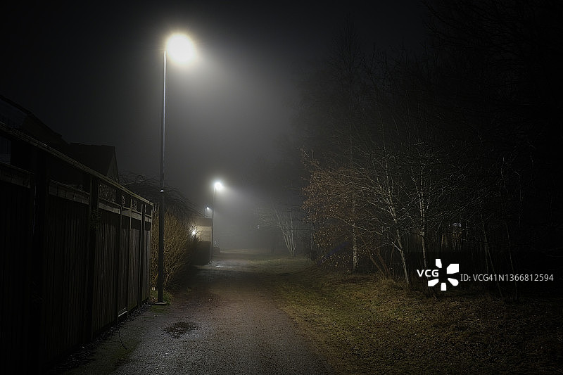 傍晚雾中人行道路灯图片素材