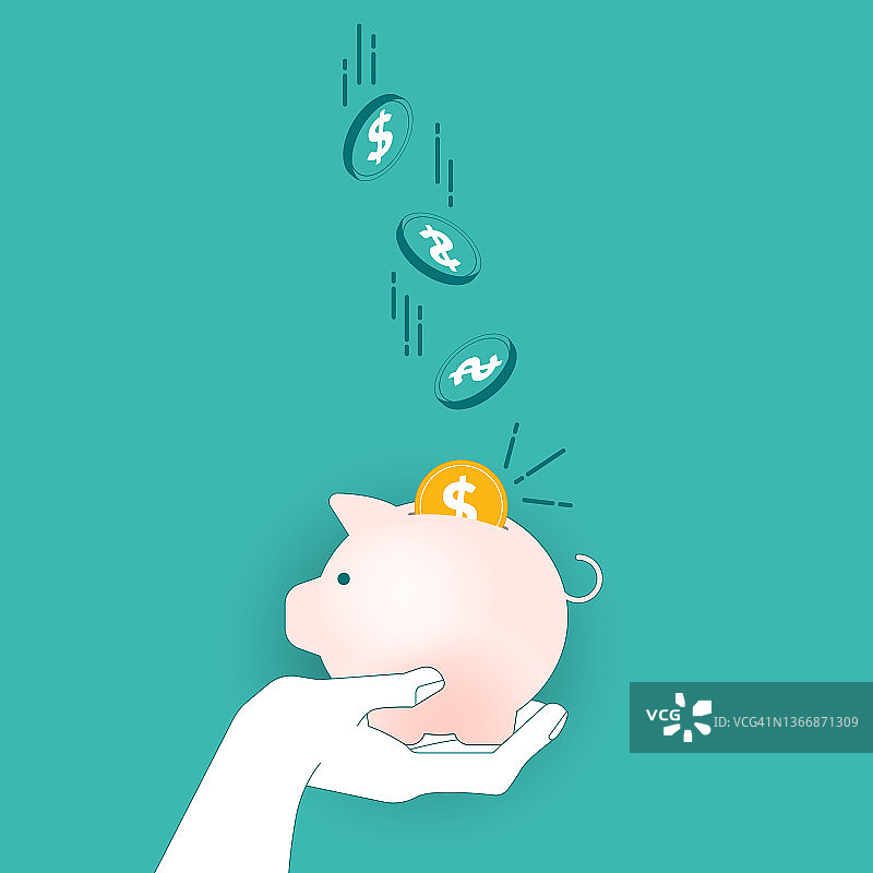 青绿色背景上的硬币掉落储蓄罐矢量图：未来储蓄、投资或银行存款概念的扁平风格对象。图片素材