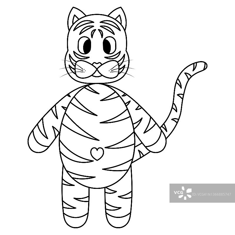 老虎素描：可爱的条纹小猫，心形肚脐矢量插画，带尾巴和胡须的童话角色儿童涂色书图片素材