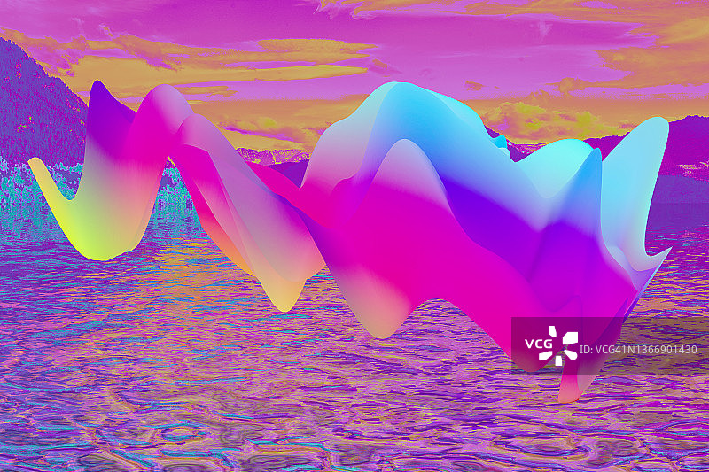 蓝色天空背景上的抽象曲线箔片3D渲染，紫色自然山脉和湖泊天空中的霓虹灯，未来主义抽象背景，充满活力的霓虹灯水面。人工红外线自然图片素材