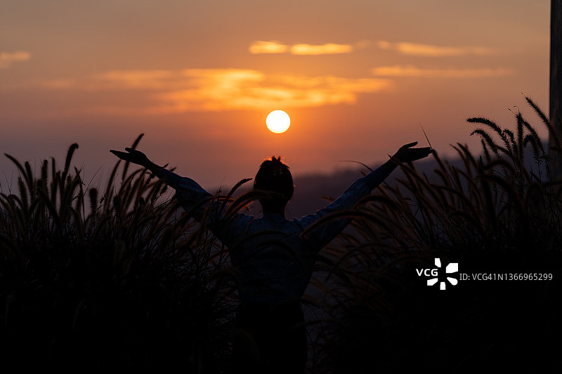 剪影：清晨醒来观日出的女子，头戴发夹和草花图片素材