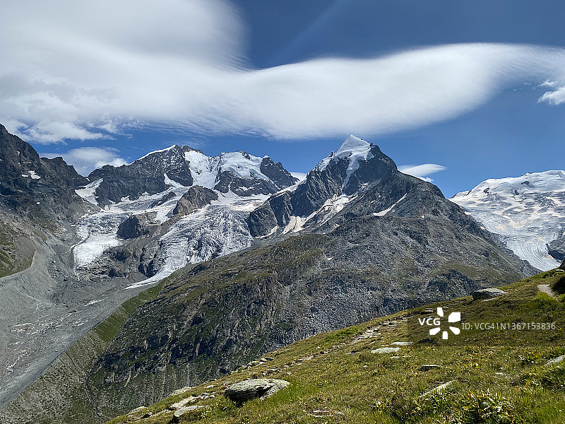 恩嘎丁阿尔卑斯山脉冰川景色，蓝天和绿色草地图片素材