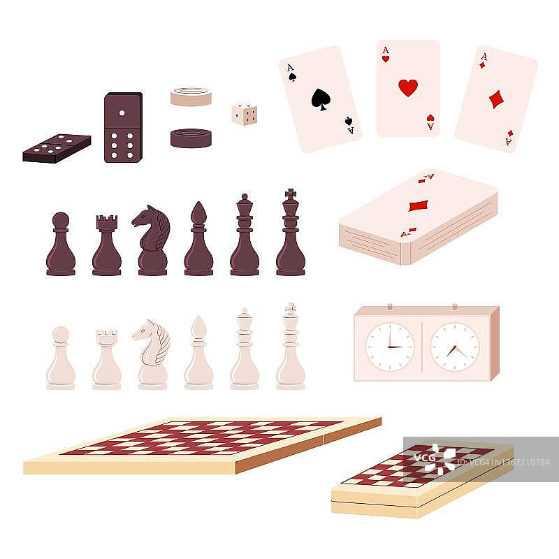 棋盘游戏元素合集：卡片、象棋、棋盘、计时器、跳棋、骰子、多米诺骨牌图片素材