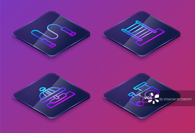 2.5D跳绳、旋转木马、瑞典墙和玩具火车图标矢量素材，蓝色方形按钮图片素材