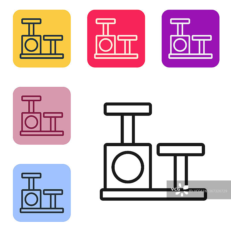 带玩具的猫抓柱图标（白色背景，彩色方块按钮，矢量图）图片素材