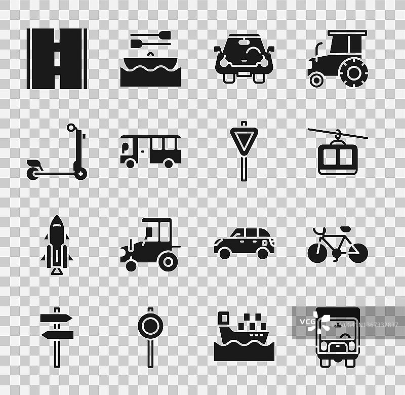 货运卡车、自行车、电缆、汽车、巴士、踏板车、道路和交通标志牌图标矢量素材图片素材