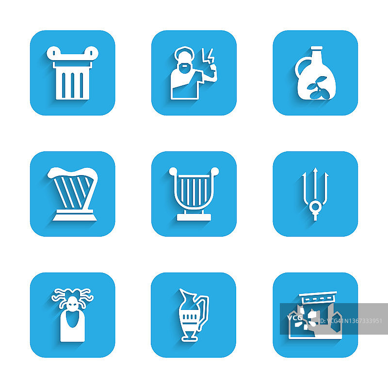 古老的七弦琴、双耳瓶、遗址、海王星三叉戟、美杜莎戈尔贡、竖琴、橄榄油瓶和柱子图标组合，矢量素材图片素材