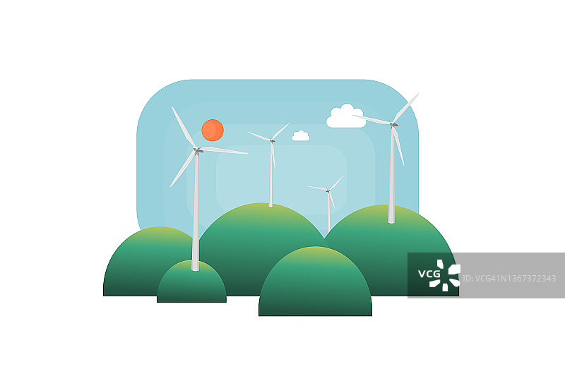 风力涡轮机概念图：山顶上的风力涡轮机，白色背景上的蓝天图片素材