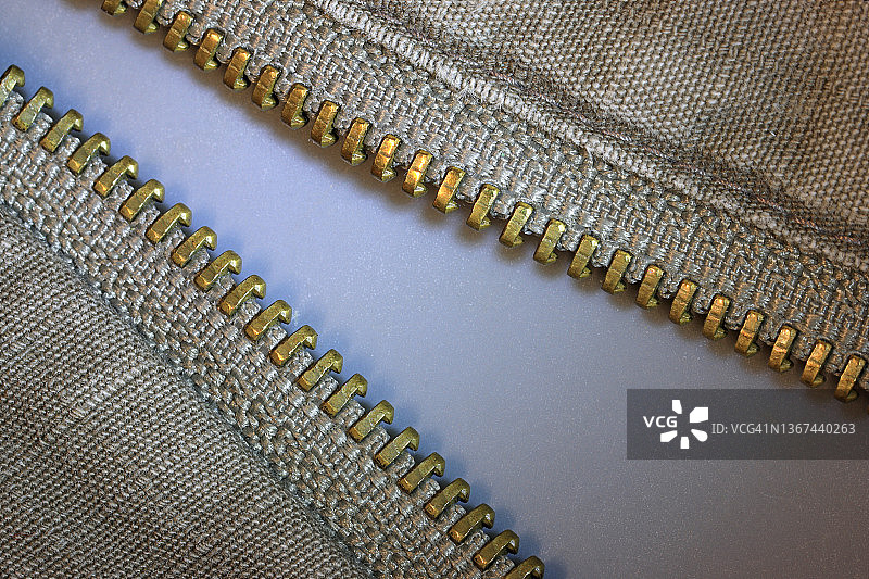 灰色背景上黄铜色金属拉链的牙齿或元件图片素材