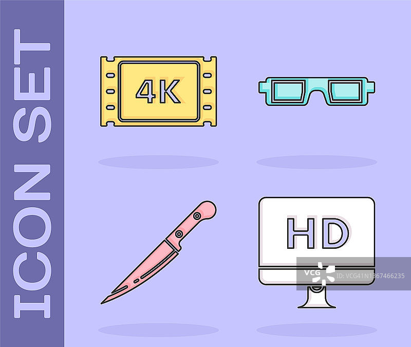 电脑显示器、高清视频技术、4k电影、磁带、相框、刀和3D眼镜图标。矢量图图片素材