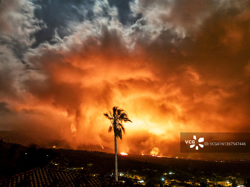 火山喷发时喷出火山碎屑的火山口，观看老峰火山，主锥冒出烟柱和熔岩图片素材