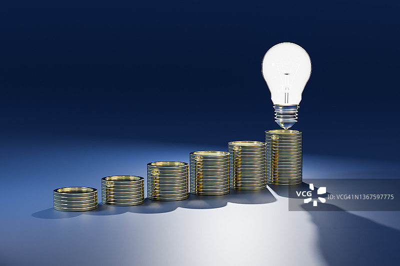 堆叠的金币和灯泡图片素材