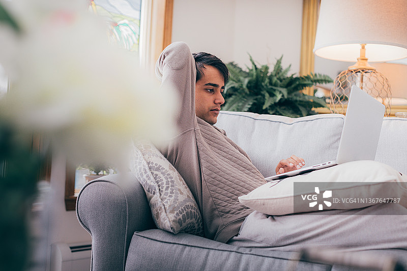 在舒适的客厅里在家工作图片素材