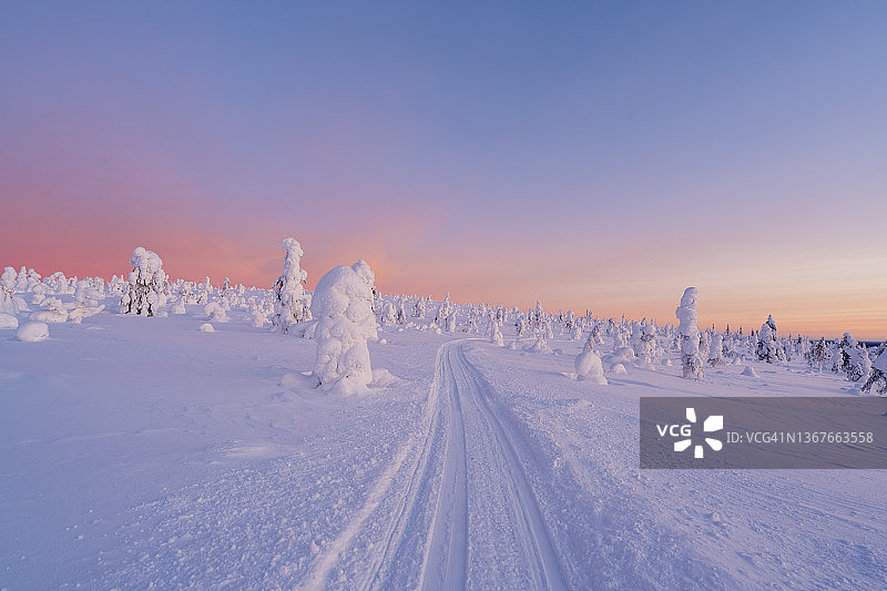 芬兰拉普兰冬季雪地摩托车道图片素材