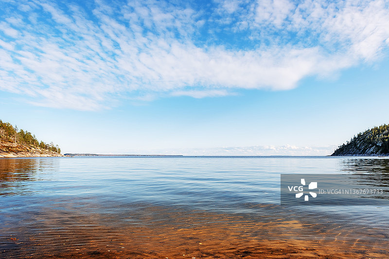 夏季海湾对称湖景，岸边晴空万里，白云朵朵，平静的自然背景，留白图片素材