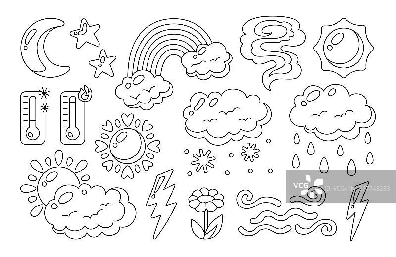天气涂鸦线条集：太阳、云朵、月亮、星星、温度计、线性气候气象符号图片素材