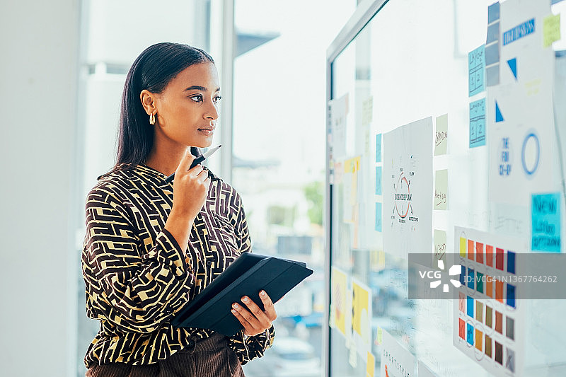 年轻设计师在办公室用平板电脑在玻璃墙上做头脑风暴图片素材