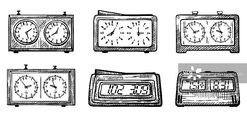 国际象棋时钟素描（隔离）。用于手绘风格国际象棋游戏的复古经典和电子手表图片素材