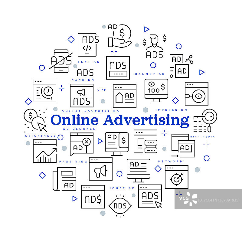 在线广告概念。带有图标和关键词的矢量设计图片素材