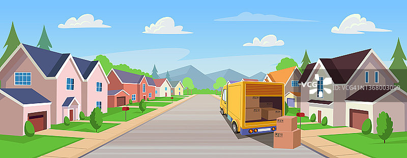 郊区房屋街道、带车库的村舍和带箱子的卡车矢量素材图片素材