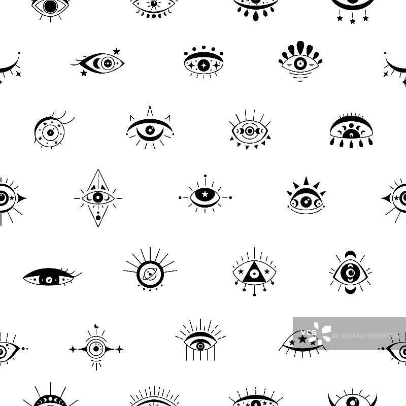 带有邪恶之眼和月相的深奥天体符号的无缝图案。Hamsa魔法眼，装饰元素。矢量图图片素材