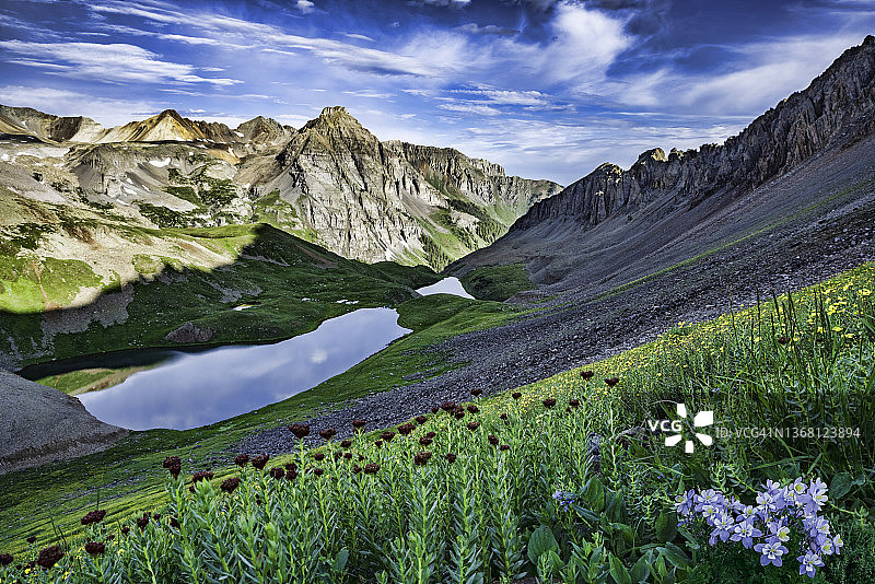 科罗拉多州上蓝湖与野花图片素材