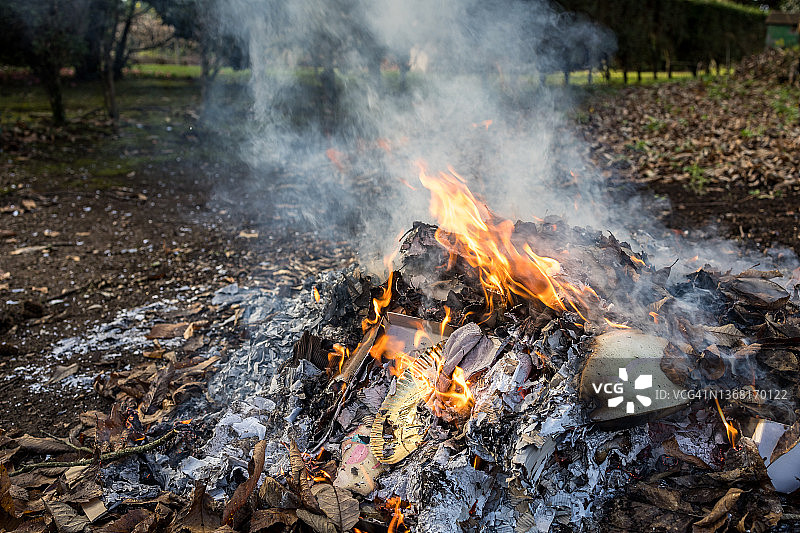 燃烧的纸板和树叶图片素材