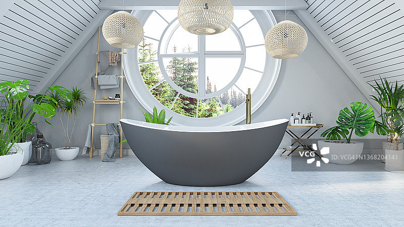 带绿色植物的阁楼浴室图片素材