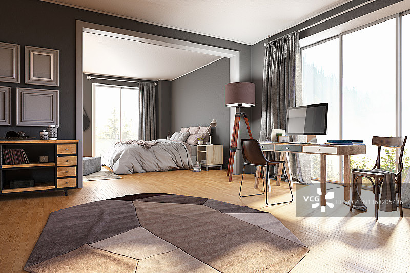 带卧室和工作区的舒适客厅图片素材