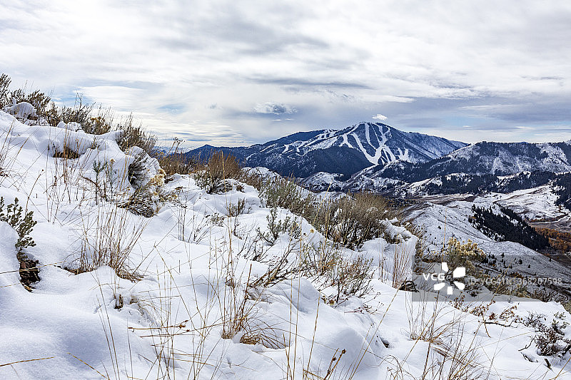 美国爱达荷州克丘姆：白山背景下的积雪山坡图片素材