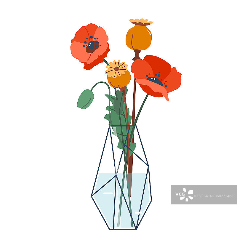 花瓶花束矢量图：瓶中花朵与枝叶，现代简约卡通风格节日印花设计图片素材