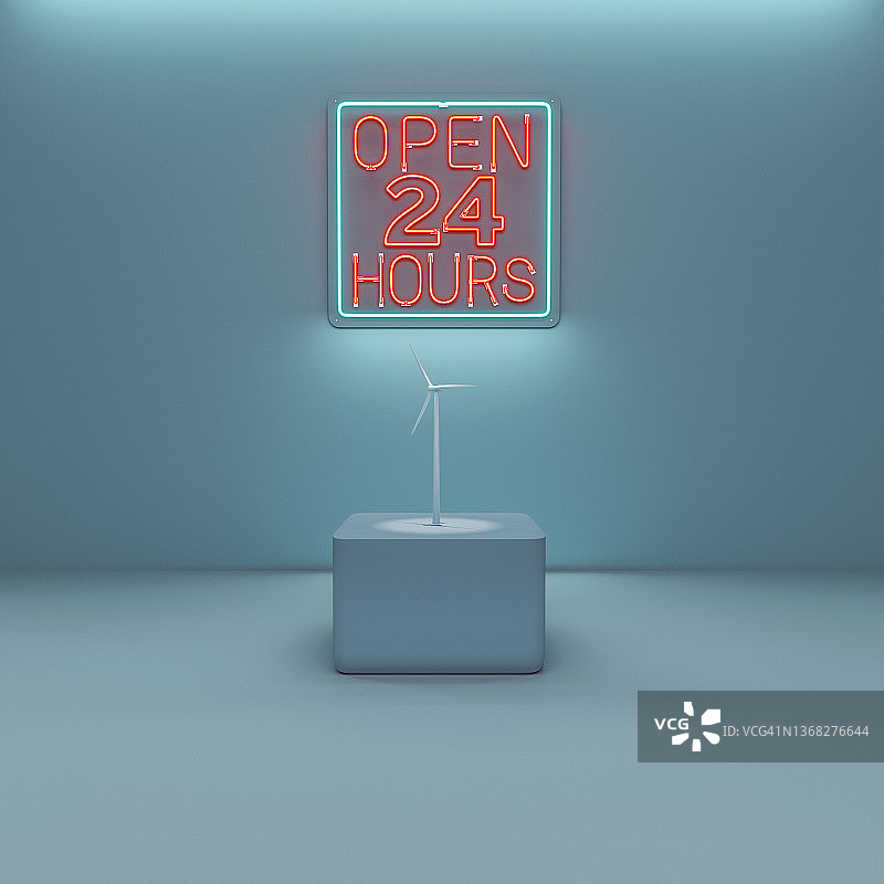 24小时营业霓虹灯与风力涡轮机图片素材