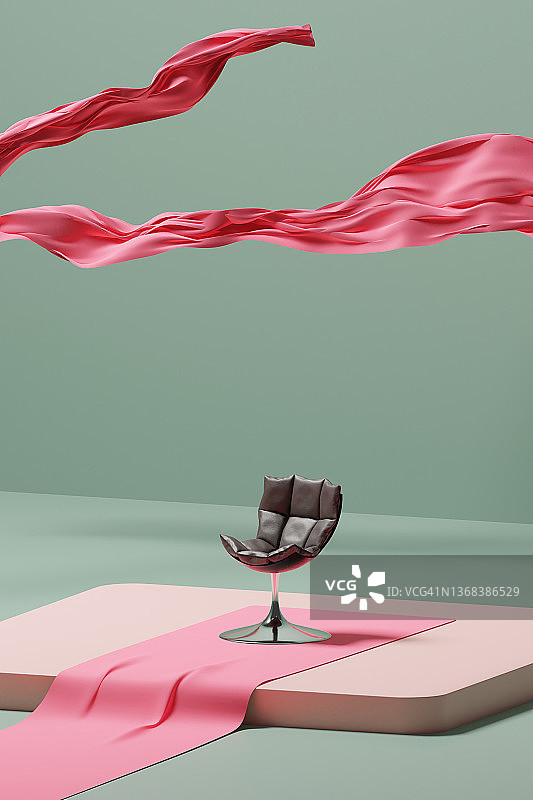 3D插画：粉色波浪形织物平台上的皮革扶手椅图片素材