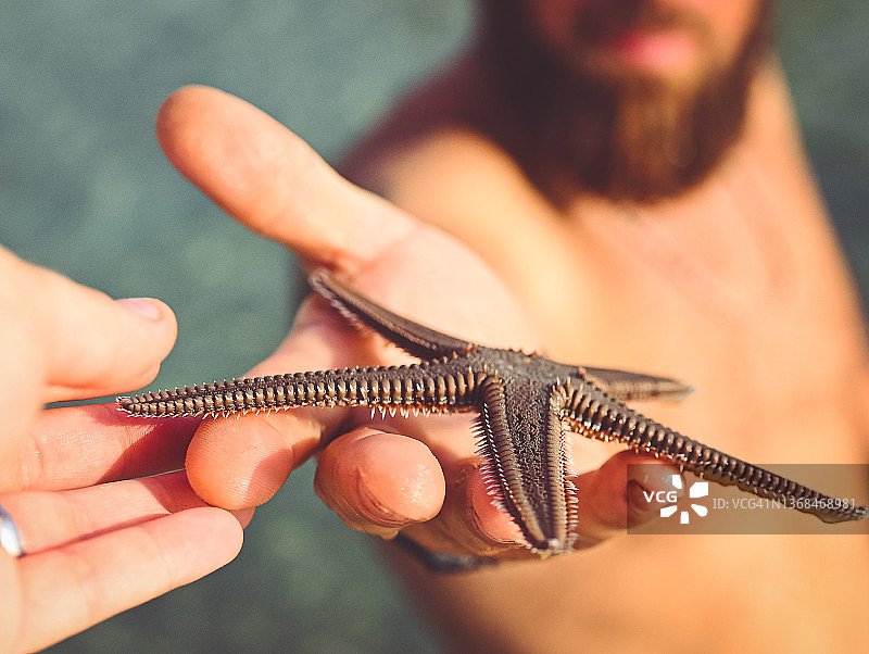 男人在海里发现海星并向镜头外的人展示的个人视角图片素材