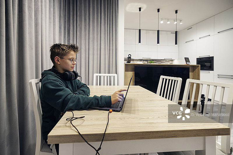 在家使用笔记本电脑的小男孩图片素材