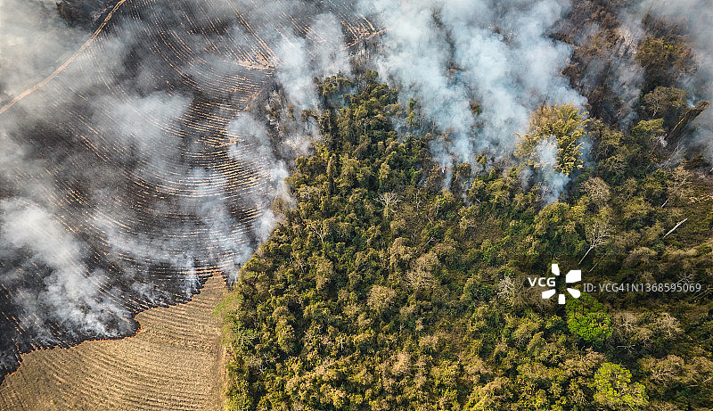 火灾中燃烧的土地上空升起的烟雾航拍图片素材