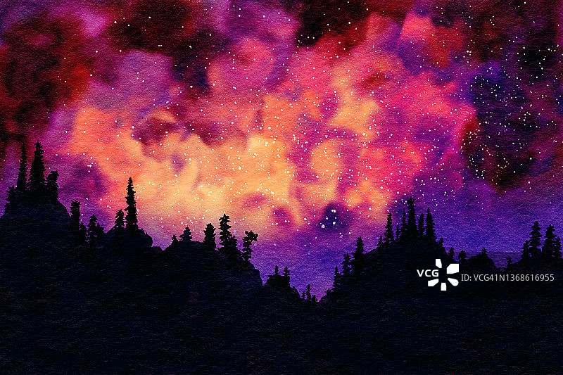 手绘水彩抽象自然夜空背景，飞溅纹理，夜景银河星空，森林轮廓图片素材