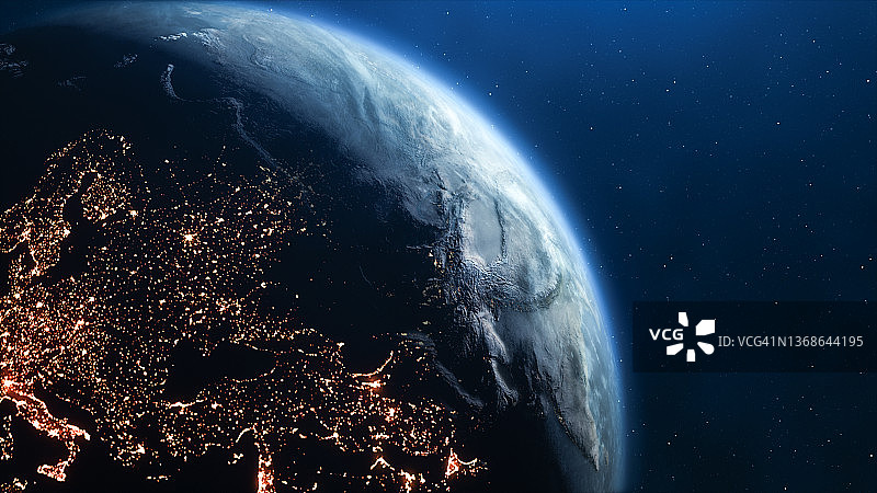 从太空看到的地球：黑暗面的城市灯光图片素材