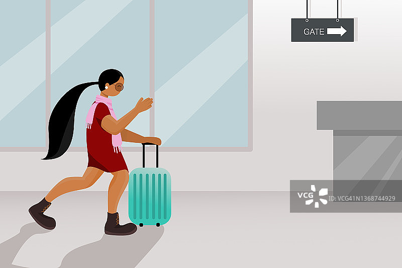 旅行概念插图：旅行者在机场走向登机口，乘坐飞机前往旅行目的地图片素材