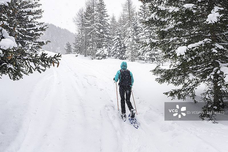 在雪天于意大利阿尔卑斯山进行雪鞋健行图片素材